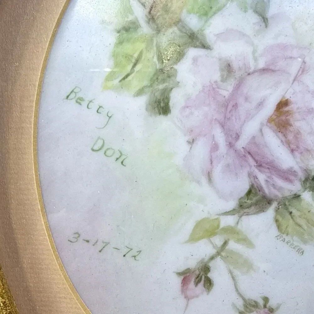 Vintage Gold Gilt Victorian Oval Frame with Painted Porcelain Rose Art 10”